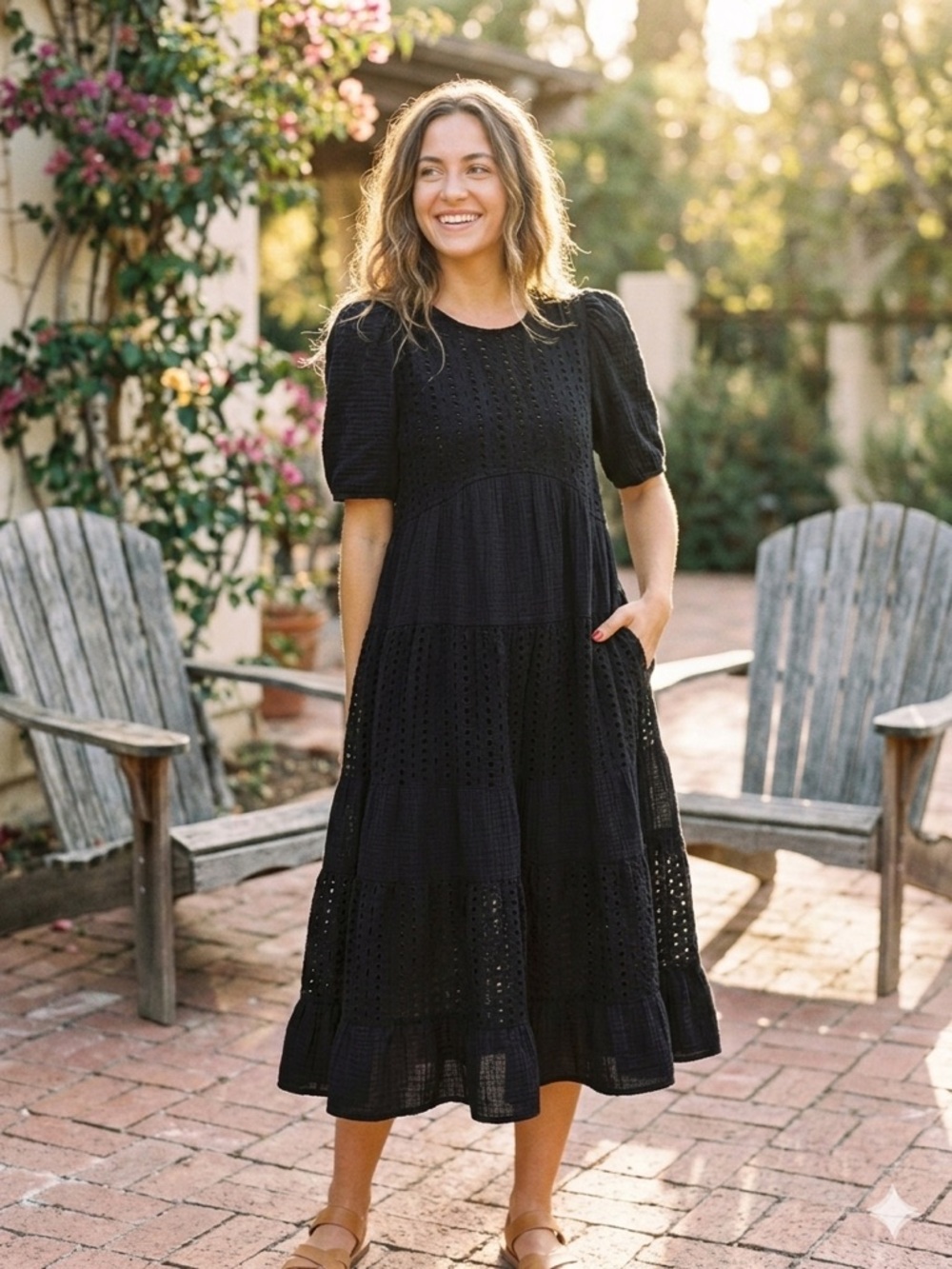 &Merci Cottage Black Cotton Gauze Eyelet Lace Tiered Midi Dress with Pockets. S